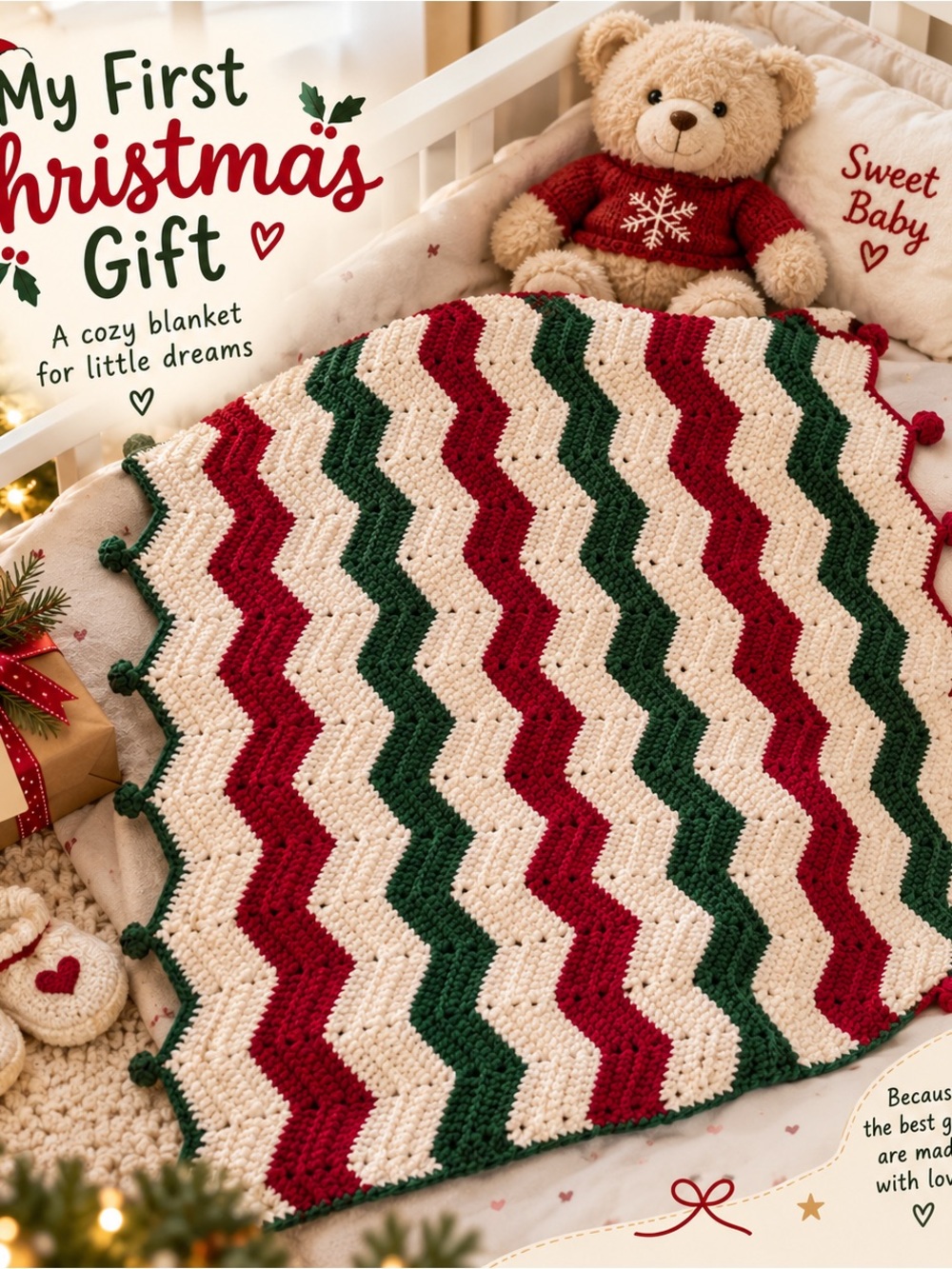 Handmade Christmas Blanket - Baby Blanket - Cream, Red & Green